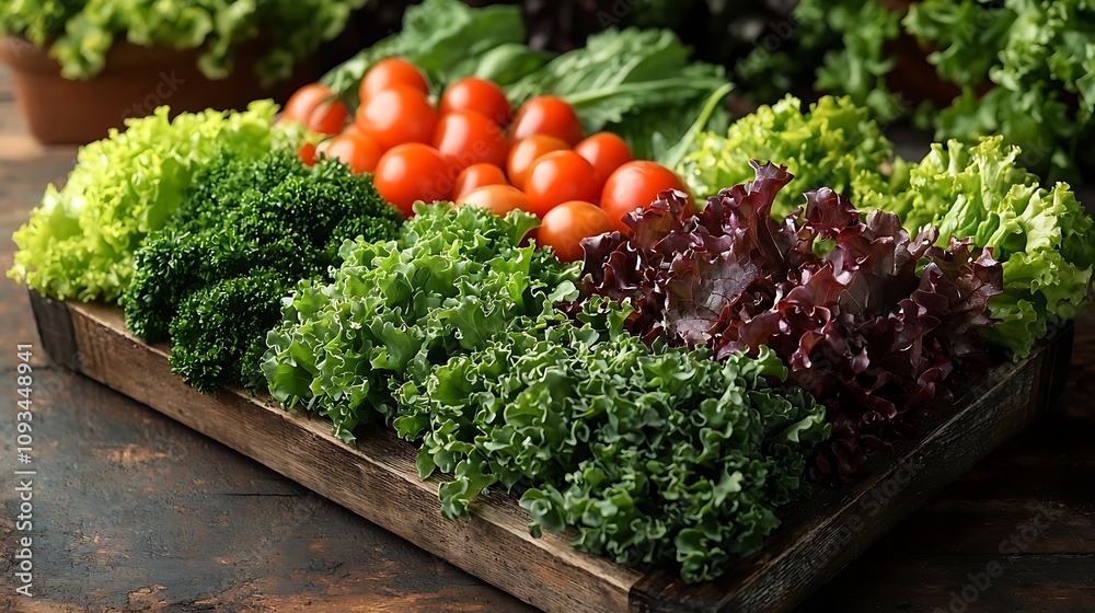 A vibrant assortment of fresh greens and cherry tomatoes arranged neatly in a wooden tray, showcasing the beauty of healthy vegetables. A vibrant assortment of fresh greens and cherry tomatoes arranged neatly in a wooden tray, showcasing the beauty of healthy vegetables.