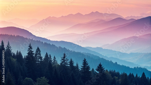 Dark Forest Against a Background of Lavender-Blue Tall Mountains, Majestic and Mysterious Landscape