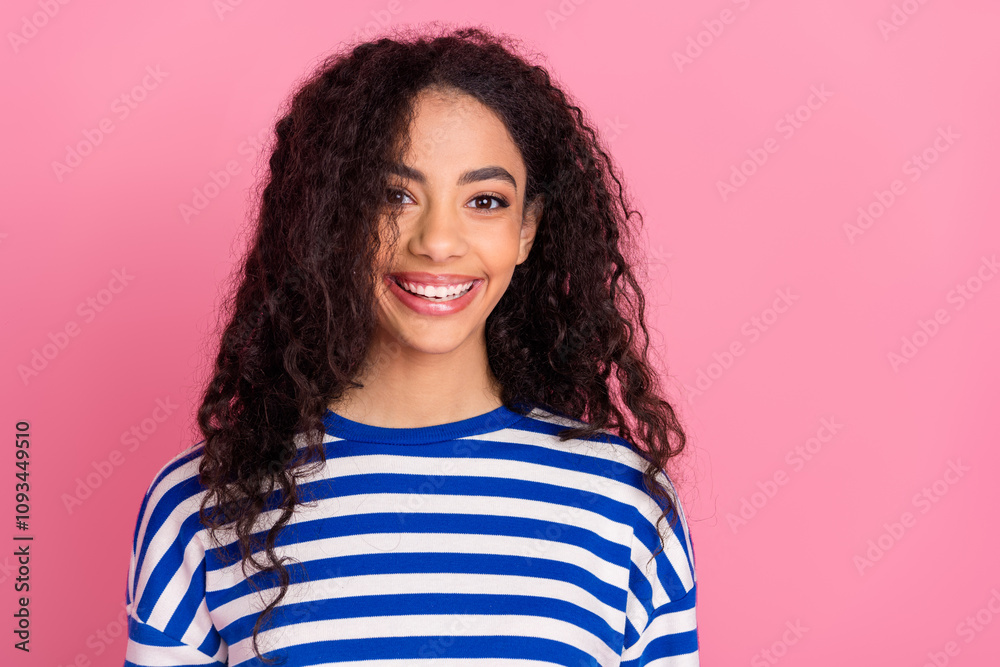 Portrait of nice young girl toothy smile empty space wear striped pullover isolated on pink color background Portrait of nice young girl toothy smile empty space wear striped pullover isolated on pink color background