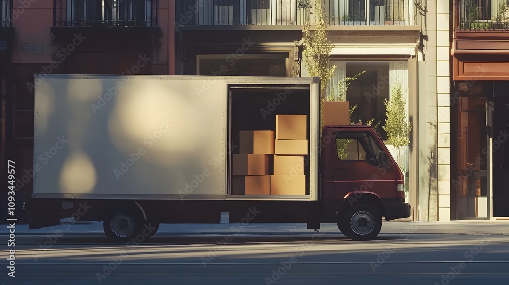 Delivery truck parked beside a building with open rear doors showing stacked cardboard boxes in a sunlit urban street setting for transportation and logistics themes Delivery truck parked beside a building with open rear doors showing stacked cardboard boxes in a sunlit urban street setting for transportation and logistics themes