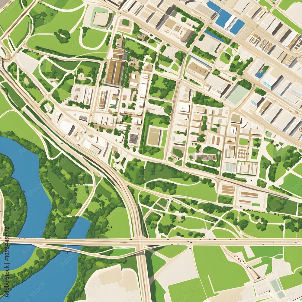 Obraz premium Aerial View of Urban City Landscape Featuring Roads, Green Spaces, Waterways, and Buildings in a Vibrant and Detailed Map Illustration for City Planning and Development Purposes
