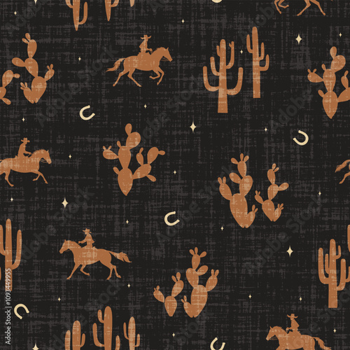 Brave cowboys seamless vector pattern men galloping on horses through the desert wild west Western