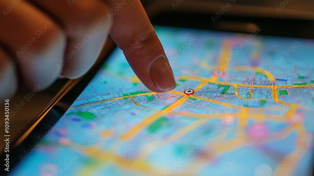 Finger pointing at a voting location on a digital map on a smartphone screen, find your polling place, election day navigation. Finger pointing at a voting location on a digital map on a smartphone screen, find your polling place, election day navigation.