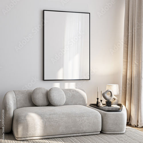 Frame mockup, ISO A paper size. Living room wall poster mockup. Interior mockup with house background. Modern interior design. 3D render 