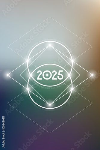 Sacred geometry New Year 2025 festive greeting card. Esoteric Holiday design on cosmic background for spirituality related event or calendar