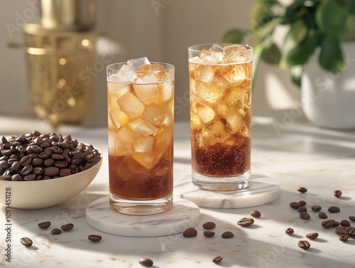 Refreshing iced coffee drinks home kitchen beverage bright natural light summer vibes