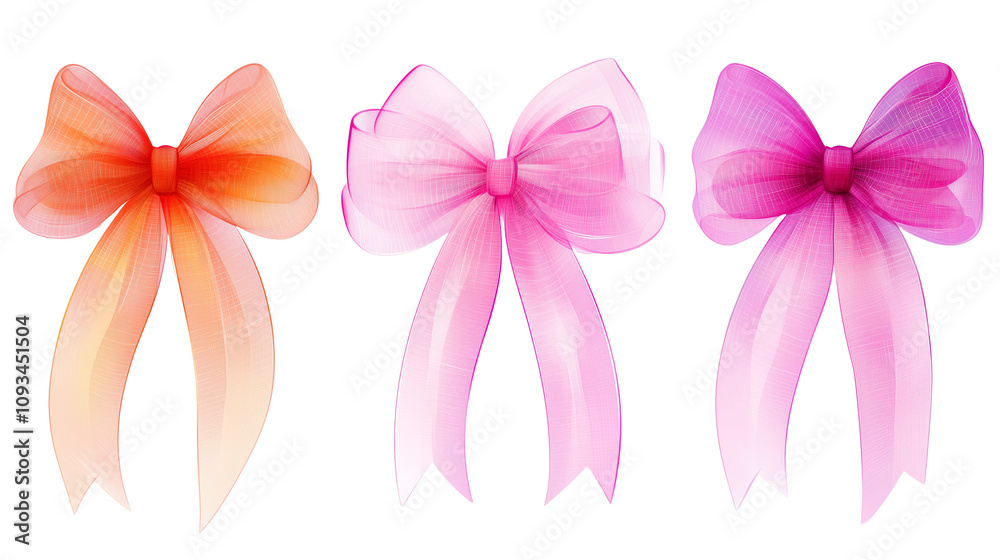 Festive Pink Set of Satin Ribbons with Bow Isolated on Transparent Background, Gift Decoration. Festive Pink Set of Satin Ribbons with Bow Isolated on Transparent Background, Gift Decoration.