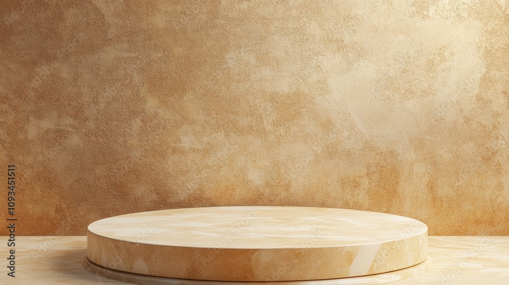 A round light podium for product presentation against the background of a beige wall 