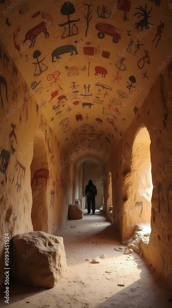 Cave of Prehistoric Man with markings on the interior walls or ceilings. Mostly images of animals, human figures and abstract signs Cave of Prehistoric Man with markings on the interior walls or ceilings. Mostly images of animals, human figures and abstract signs
