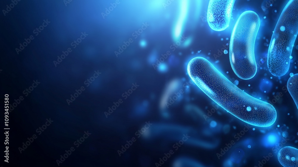 Probiotics, Various probiotic bacteria such as: Lactobacillus, Bifidobacteria with digital glow on a blue background