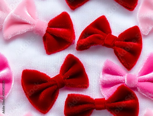 A bunch of red and pink bows on a white surface photo