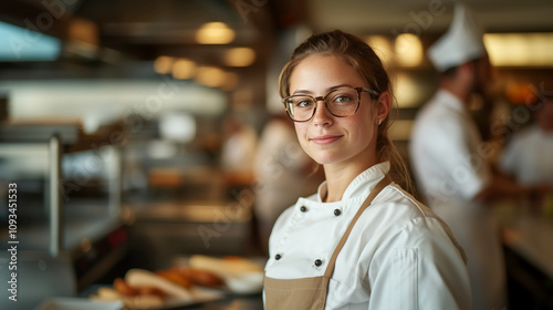 Young female chef in a bustling restaurant kitchen