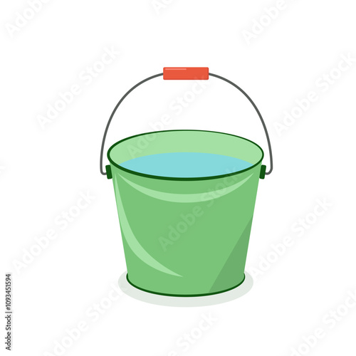 a green bucket with a red handle full of water