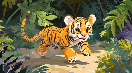 A playful tiger cub chasing its tail in a jungle clearing. Jungle Tiger Chase. Illustration photo