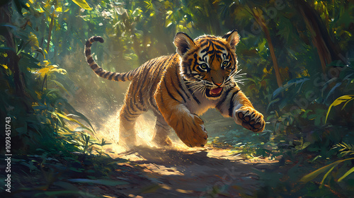 Fototapeta Naklejka Na Ścianę i Meble -  A playful tiger cub chasing its tail in a jungle clearing. Jungle Tiger Chase. Illustration