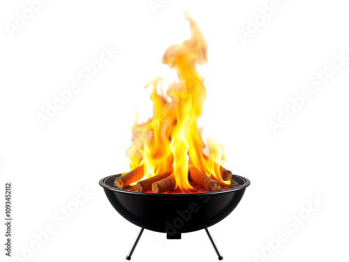 Hot coals blaze in a small black grill, isolated on transparent white background.
