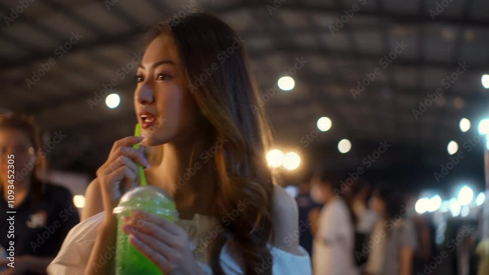 Young asian woman in casual style walking and drinking at the street night market in the city, young female tourist enjoy night travel street food urban lifestyle. Young asian woman in casual style walking and drinking at the street night market in the city, young female tourist enjoy night travel street food urban lifestyle.