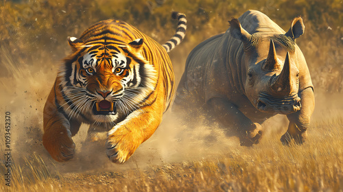 Illustration of a photo of a wild animal, a tiger running and being chased by a two-horned rhinoceros in the grasslands. Jungle Tiger Chase. Illustration