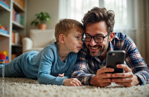 Father, son lying on floor use phone for selfie. Dad shows son tech skills. Happy family indoor. Fun weekend activity. Tech use in safe way for children. Digital literacy for kids. Quality time photo