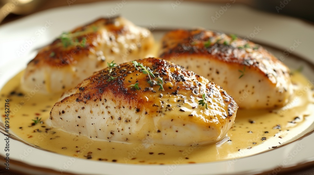 Juicy chicken breasts with creamy sauce and herbs, elegantly plated for a gourmet dining experience. Juicy chicken breasts with creamy sauce and herbs, elegantly plated for a gourmet dining experience.