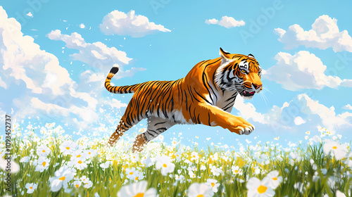 Tiger chases deerin the prairie white flowers dotted,clean blue sky background, ai generative. Jungle Tiger Chase. Illustration photo