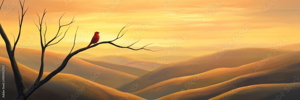 Obraz premium Solitary Bird at Sunset - A red bird perched on a bare branch silhouetted against a vibrant sunset over rolling hills. Symbolizes peace, solitude, hope, resilience, and nature.