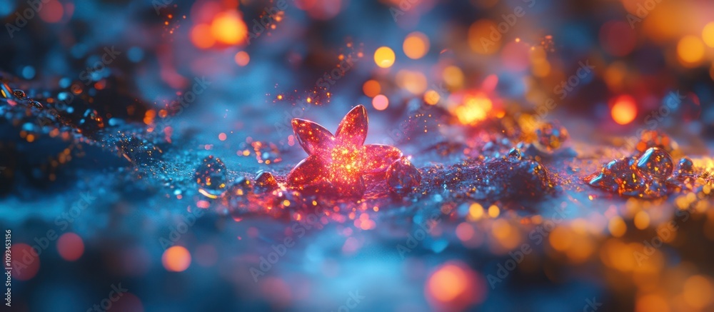 A single glowing flower blooms in a field of sparkling dust and light. A single glowing flower blooms in a field of sparkling dust and light.