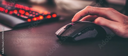 Close-up of a Hand Using a Gaming Mouse on a Dark Desk with a Keyboard in the Background photo