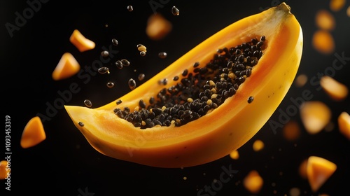 Flying golden papaya with split yellow skin and exposed black seeds against a black background. Dramatic studio lighting highlights tropical freshness in stunning 8K resolution. photo