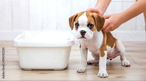 A playful puppy receiving a gentle bath at home, showcasing a moment of care and affection between pet and owner. photo