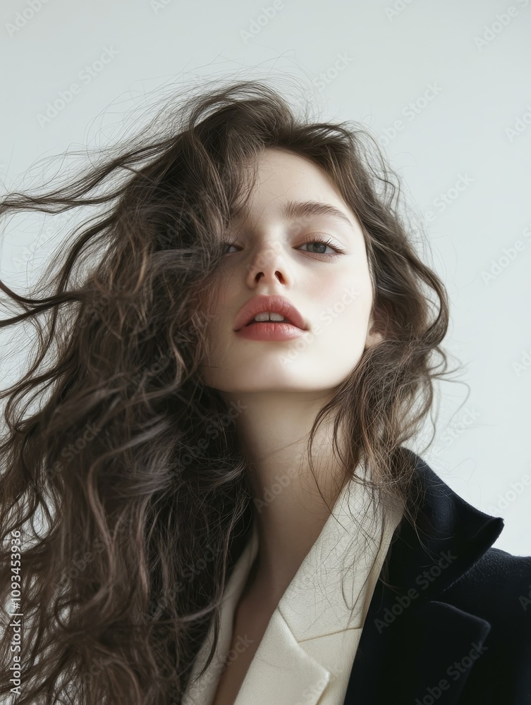 Stunning Woman with Long Wavy Hair - Beautiful female model portrait, long brown curly hair, captivating eyes, soft makeup, elegant style. Stunning Woman with Long Wavy Hair - Beautiful female model portrait, long brown curly hair, captivating eyes, soft makeup, elegant style.