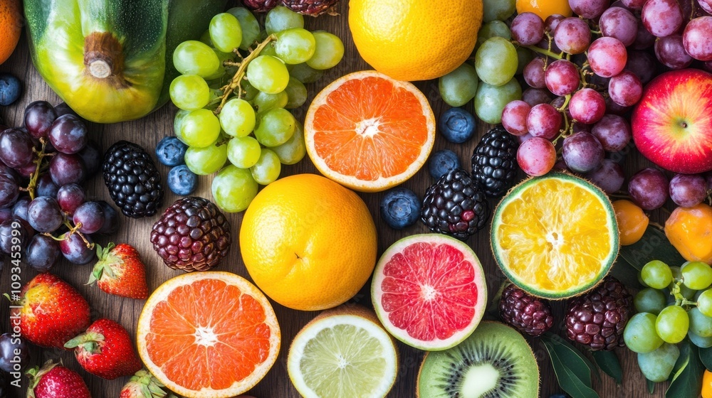 An Abundance of Fresh and Colorful Fruits Spread on a Wooden Table, Including Citrus, Berries, and Grapes for a Vibrant Healthy Lifestyle An Abundance of Fresh and Colorful Fruits Spread on a Wooden Table, Including Citrus, Berries, and Grapes for a Vibrant Healthy Lifestyle