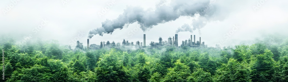 A factory emits smoke above a dense forest, highlighting the contrast between industrialization and nature. A factory emits smoke above a dense forest, highlighting the contrast between industrialization and nature.