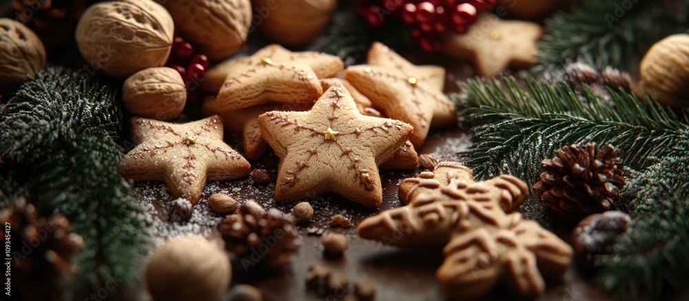 Close-up of gingerbread cookies, walnuts, pine branches, and red berries on a wooden table. Close-up of gingerbread cookies, walnuts, pine branches, and red berries on a wooden table.