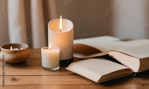 Elegant Candle and Book with a minimalist cover, set on a wooden table