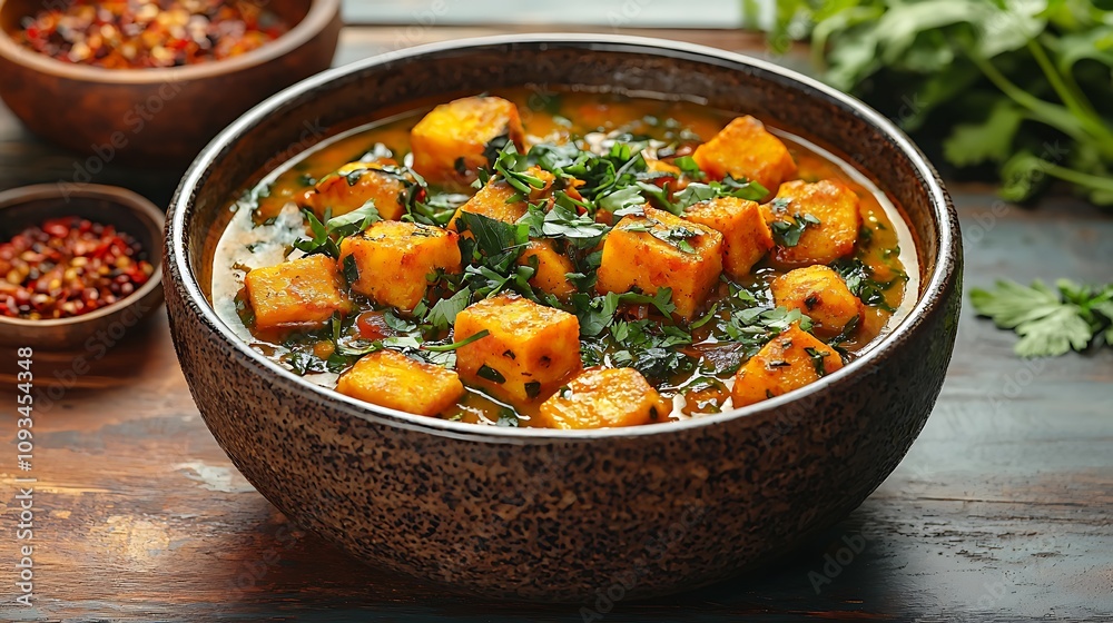 A vibrant bowl of curry featuring diced paneer, spices, and fresh herbs, served alongside complementary condiments. A vibrant bowl of curry featuring diced paneer, spices, and fresh herbs, served alongside complementary condiments.