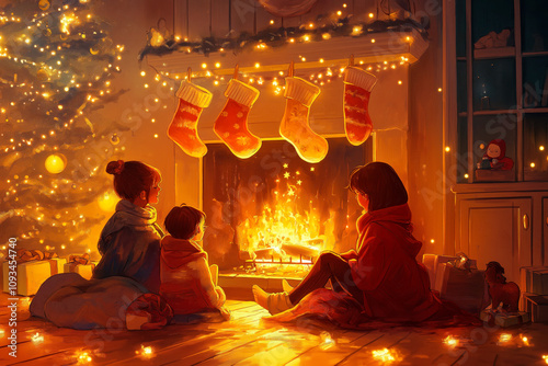 A cheerful family gathered around a glowing fireplace wearing festive sweaters and sipping hot cocoa