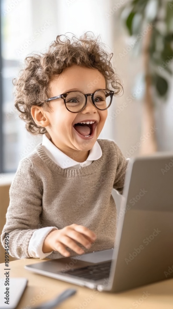 Joyful child engaged with laptop home office digital learning bright environment upbeat perspective technology Joyful child engaged with laptop home office digital learning bright environment upbeat perspective technology