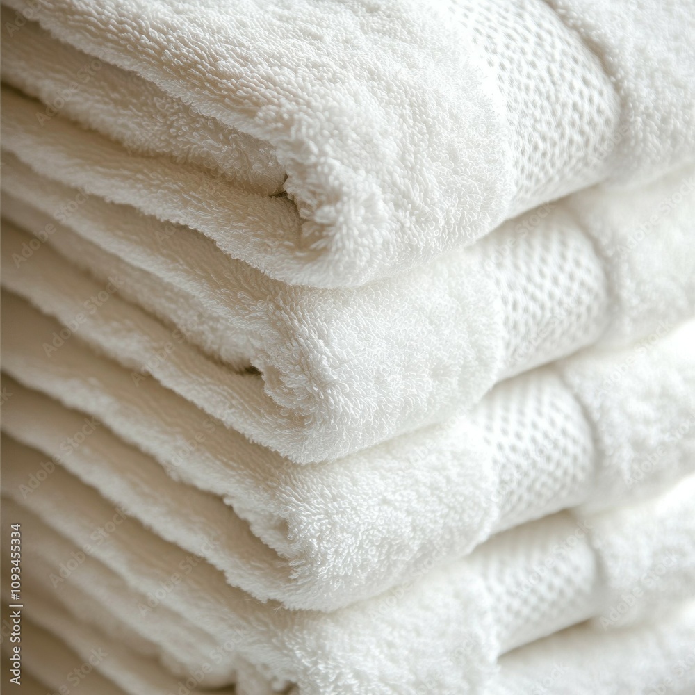 Pristine white towels neatly folded and stacked, embodying cleanliness and comfort. Soft texture and plush appearance invite touch, perfect for spa or hotel settings Pristine white towels neatly folded and stacked, embodying cleanliness and comfort. Soft texture and plush appearance invite touch, perfect for spa or hotel settings