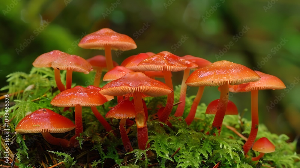 Throughout rainy times red mushrooms emerge in communities on moss covered soil Throughout rainy times red mushrooms emerge in communities on moss covered soil