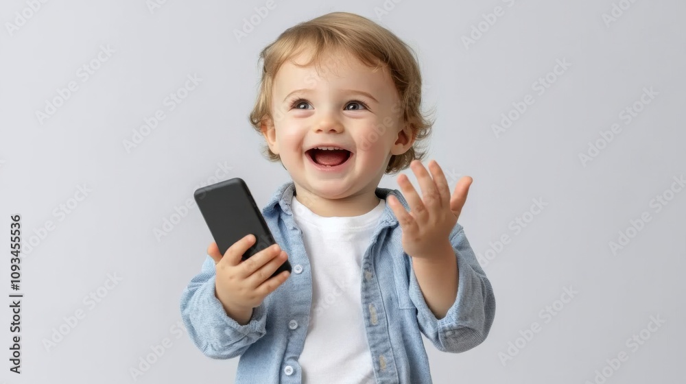 Happy child playing with smartphone indoor space candid moment neutral background joyful expression Happy child playing with smartphone indoor space candid moment neutral background joyful expression