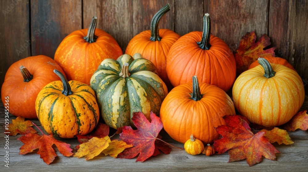 Pumpkins and gourds arranged on a rustic wooden table with fall leaves Pumpkins and gourds arranged on a rustic wooden table with fall leaves