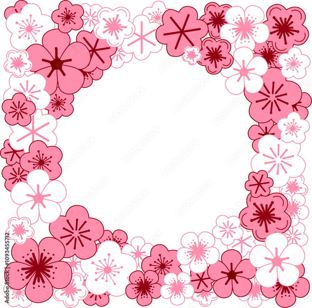 Spring flowers circle round frame of cherry blossoms in square. Graphic vector illustration. Spring flowers circle round frame of cherry blossoms in square. Graphic vector illustration.