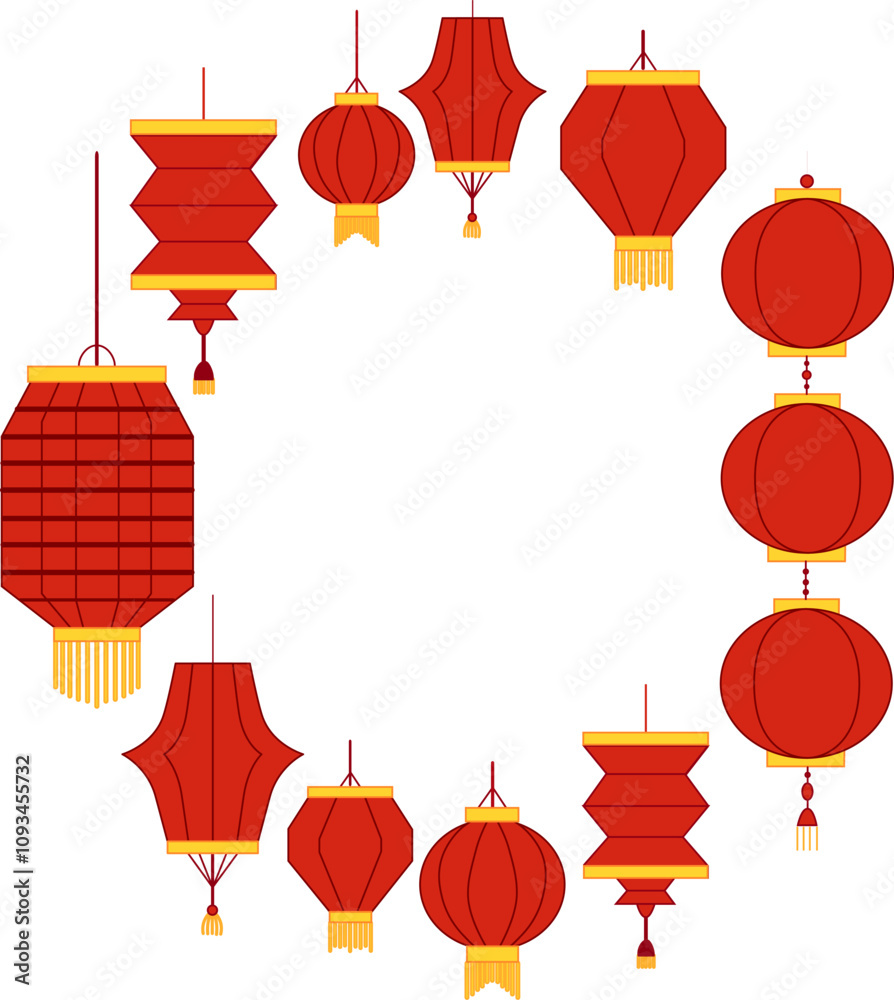 Paper red lanterns round circle frame template. Vector graphic illustration for icon, vip card, certificate, gift voucher. Chinese new year Paper red lanterns round circle frame template. Vector graphic illustration for icon, vip card, certificate, gift voucher. Chinese new year