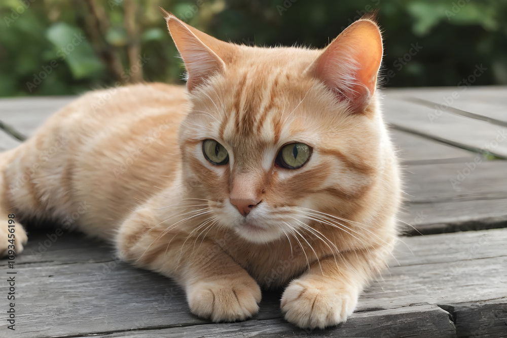 Ginger cat relaxing on wooden deck in garden Ginger cat relaxing on wooden deck in garden