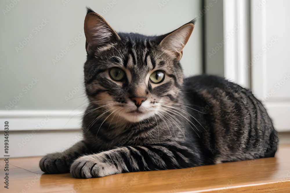 Tabby cat relaxing on wooden table, looking at viewer Tabby cat relaxing on wooden table, looking at viewer