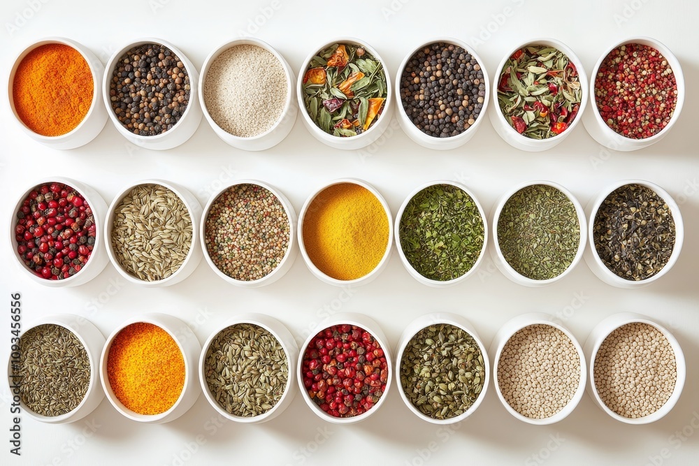 Vibrant Spice and Seed Collection - A colorful array of spices and seeds in small bowls, representing flavor, health, cooking, nature, and culinary arts.