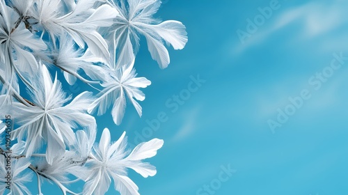 A blue sky with white flowers in the foreground