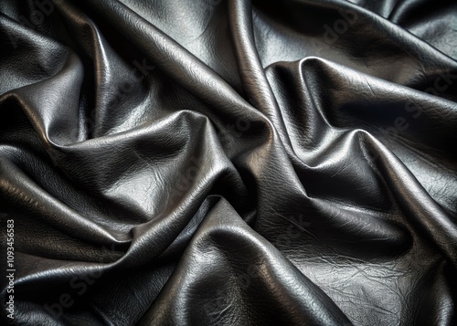 Crumpled Black Leather Texture Showing Dark Glossy Surface with Intricate Natural Patterns and Soft Pleats for Fashion, Design, and Textile Inspiration