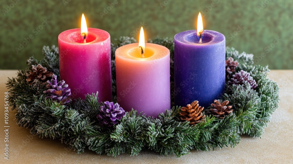 Advent Wreath With Three Lit Candles And Pine Cones Advent Wreath With Three Lit Candles And Pine Cones